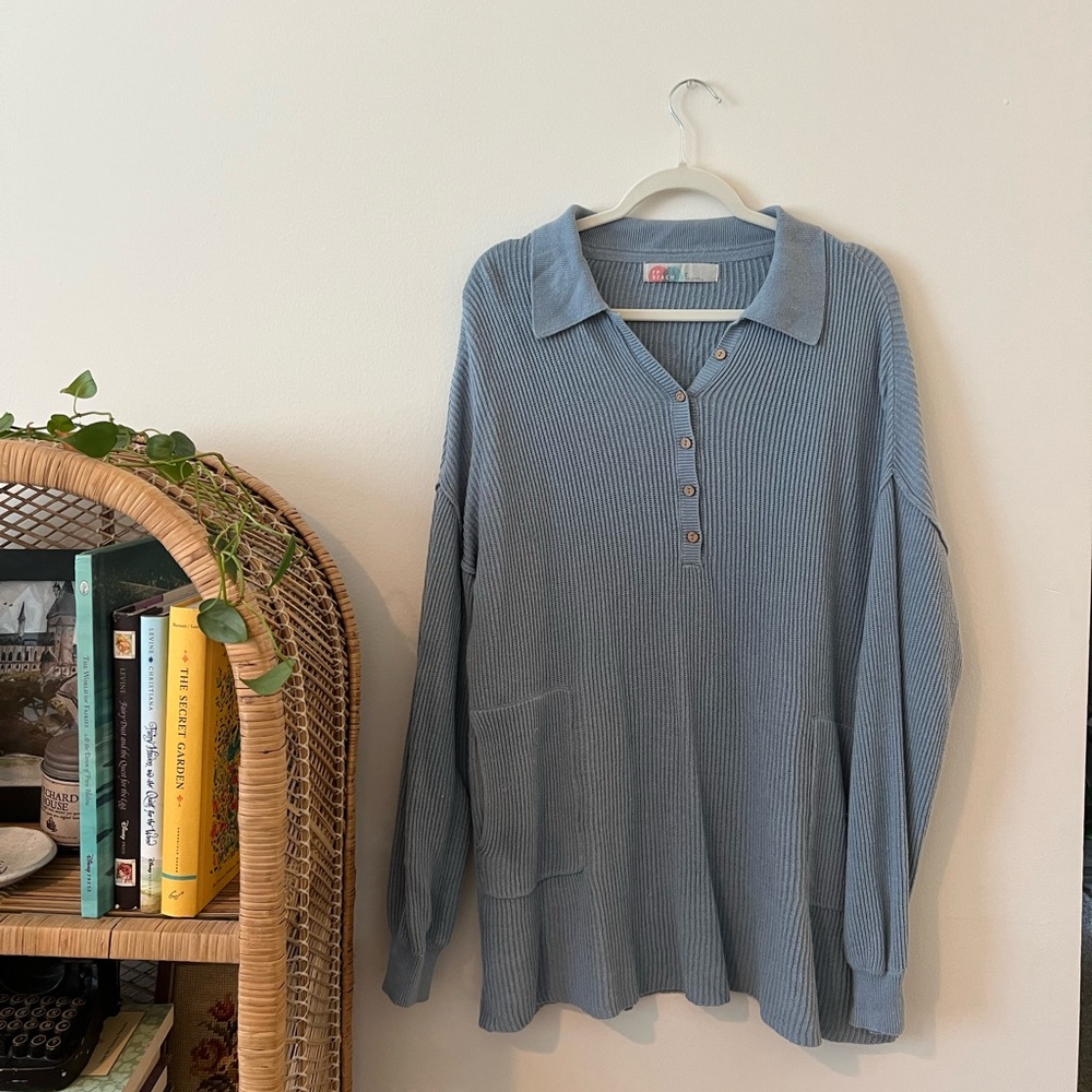 Free People Ribbed V-Neck Polo Sweater in Dusty Blue